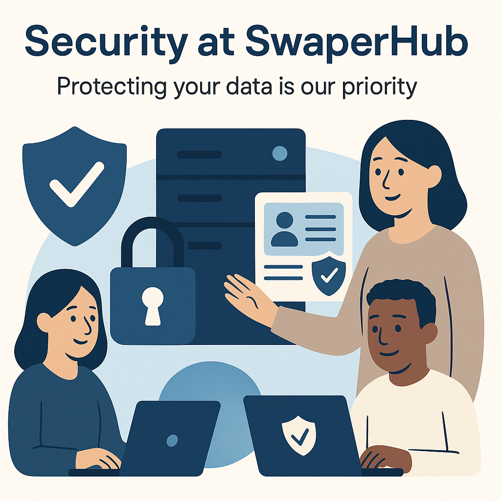 Flat-style illustration showing shield icons, a secure server, and team members interacting with a secure digital system, representing SwaperHub’s commitment to platform security and data protection.