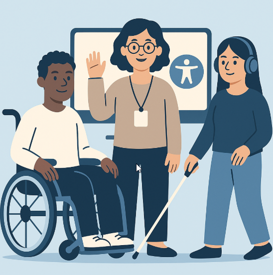 Flat-style digital illustration showing three users interacting with technology using assistive tools, symbolizing digital accessibility for all users.